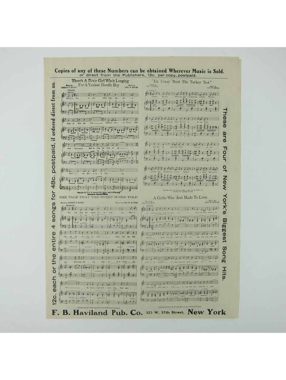 Sheet Music Sampler Catalog FB Haviland Publishing Co George Meyer Antique 1912